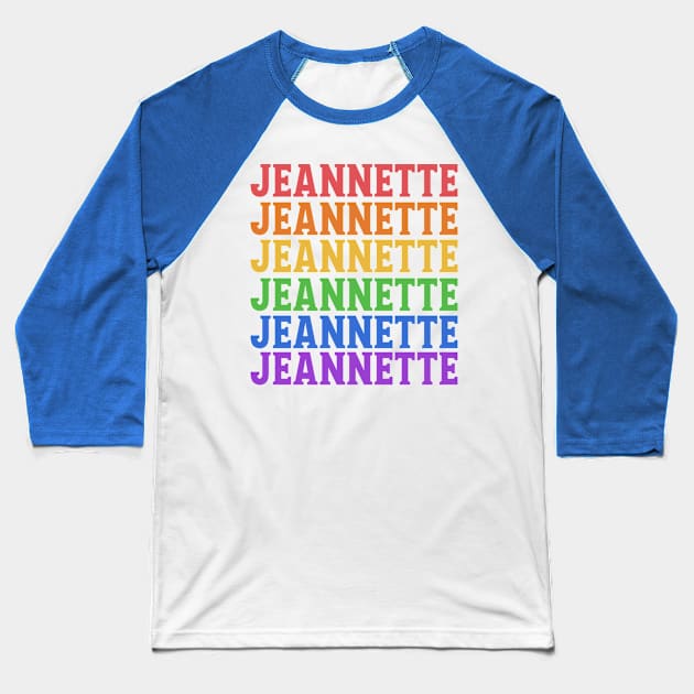 JEANETTE RAINBOW TYPOGRAPHY Baseball T-Shirt by OlkiaArt